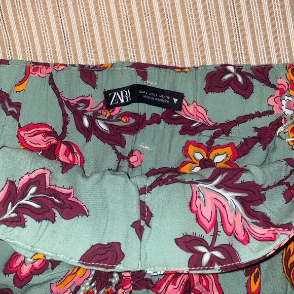 zara draped high waisted sage green floral mini skirt ruffle side zip Large L - Picture 11 of 12